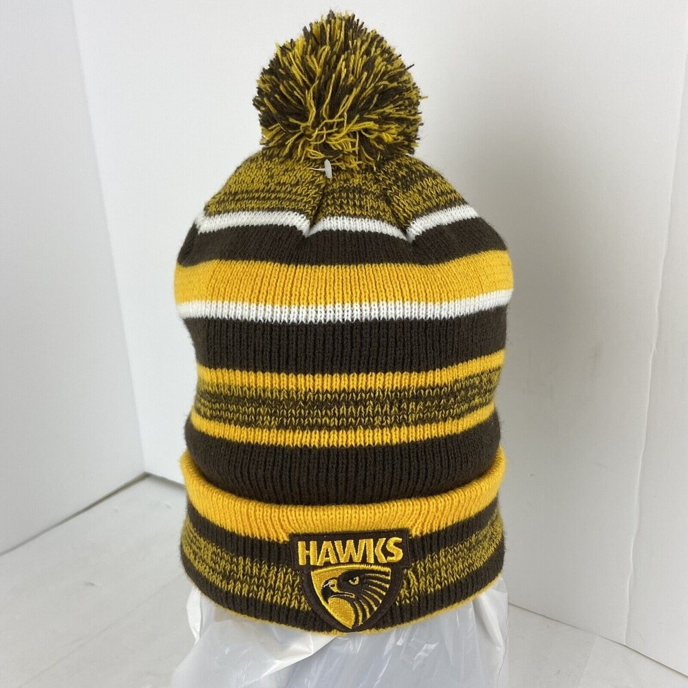 Hawthorn Hawks Beanie Hat AFL Pom Pom Brown Gold Football Footy Dynamo Supporter